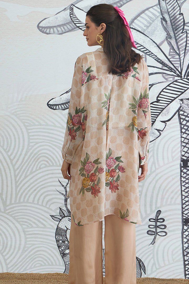 Beige Check Flower Kimono Tunic With Plain Pants