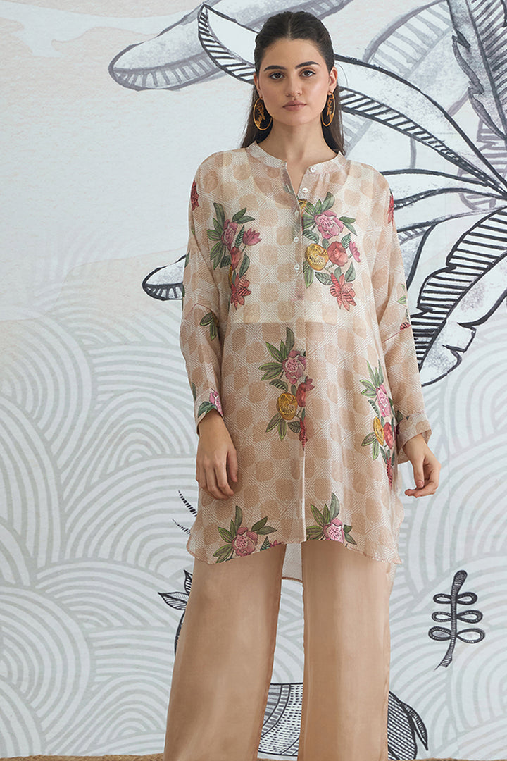 Beige Check Flower Kimono Tunic With Plain Pants