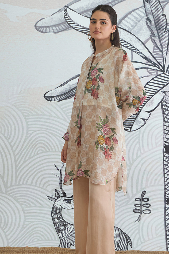 Beige Check Flower Kimono Tunic With Plain Pants