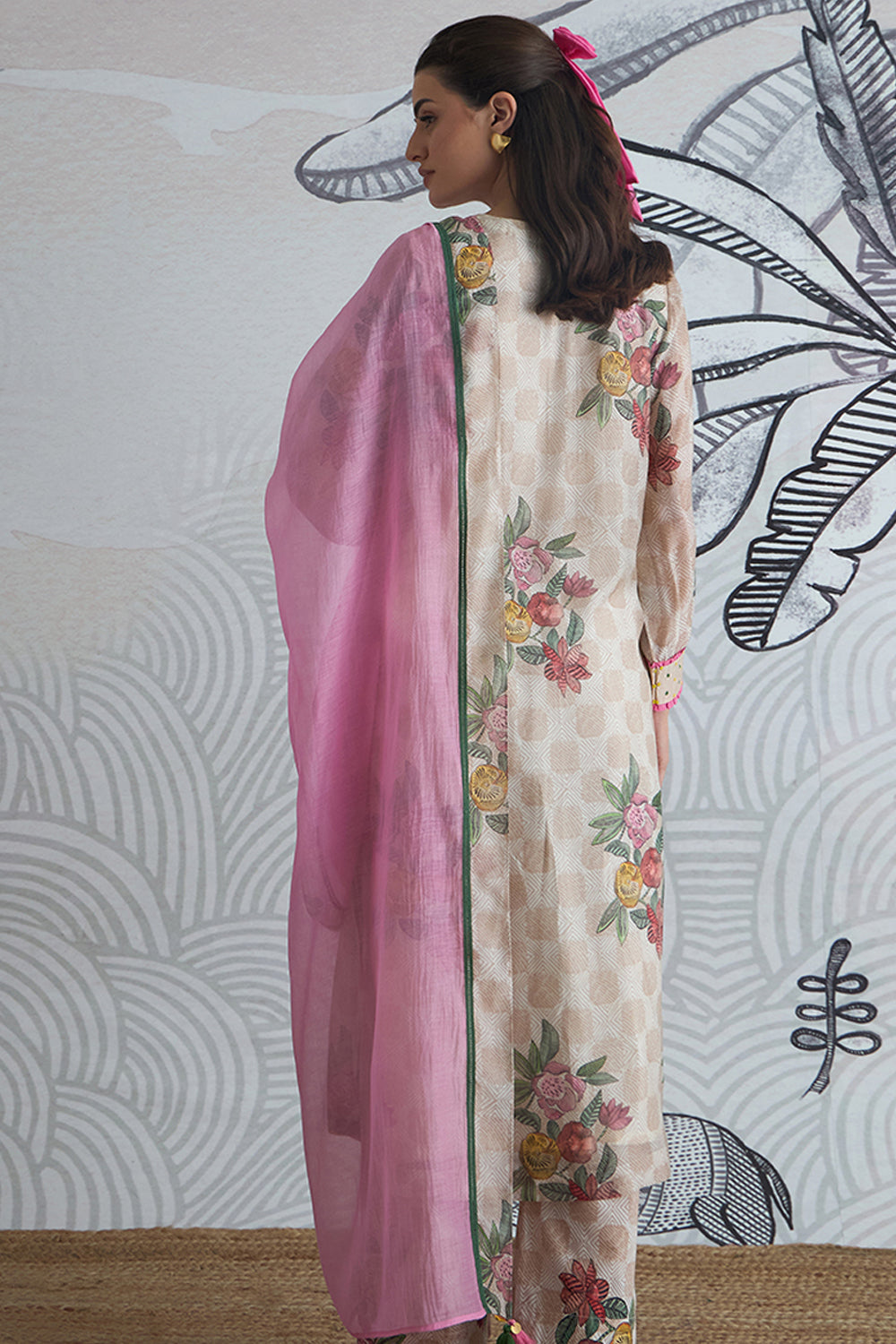 Beige Check Flower V-Neck Kurta Set