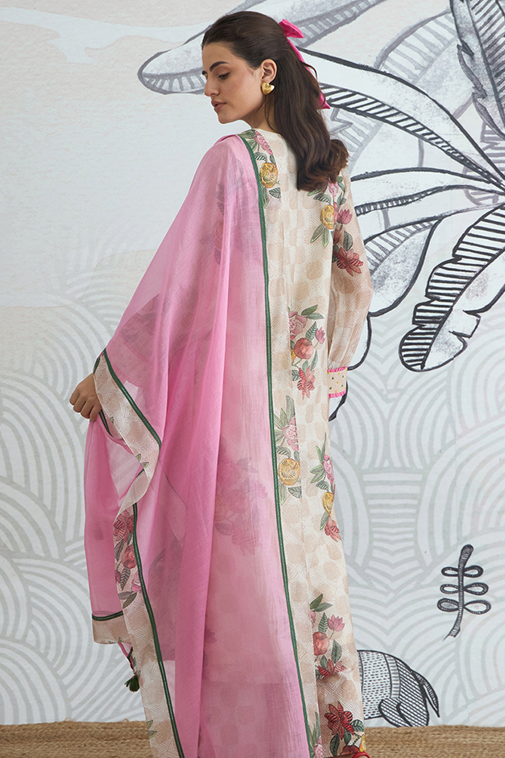 Beige Check Flower V-Neck Kurta Set