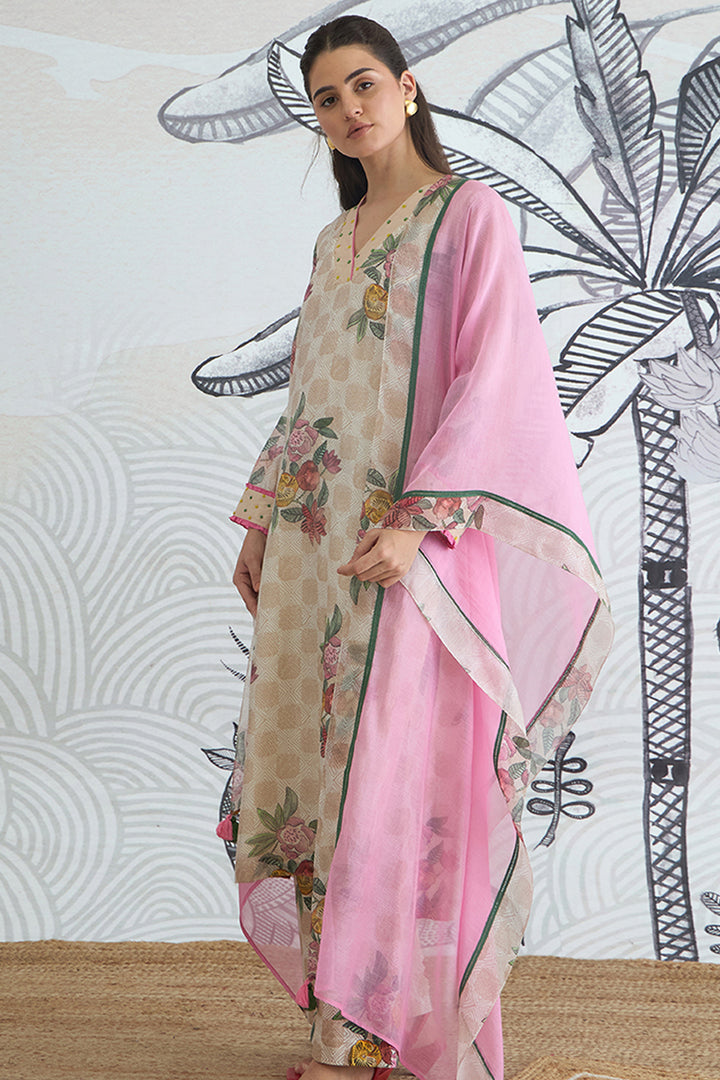 Beige Check Flower V-Neck Kurta Set