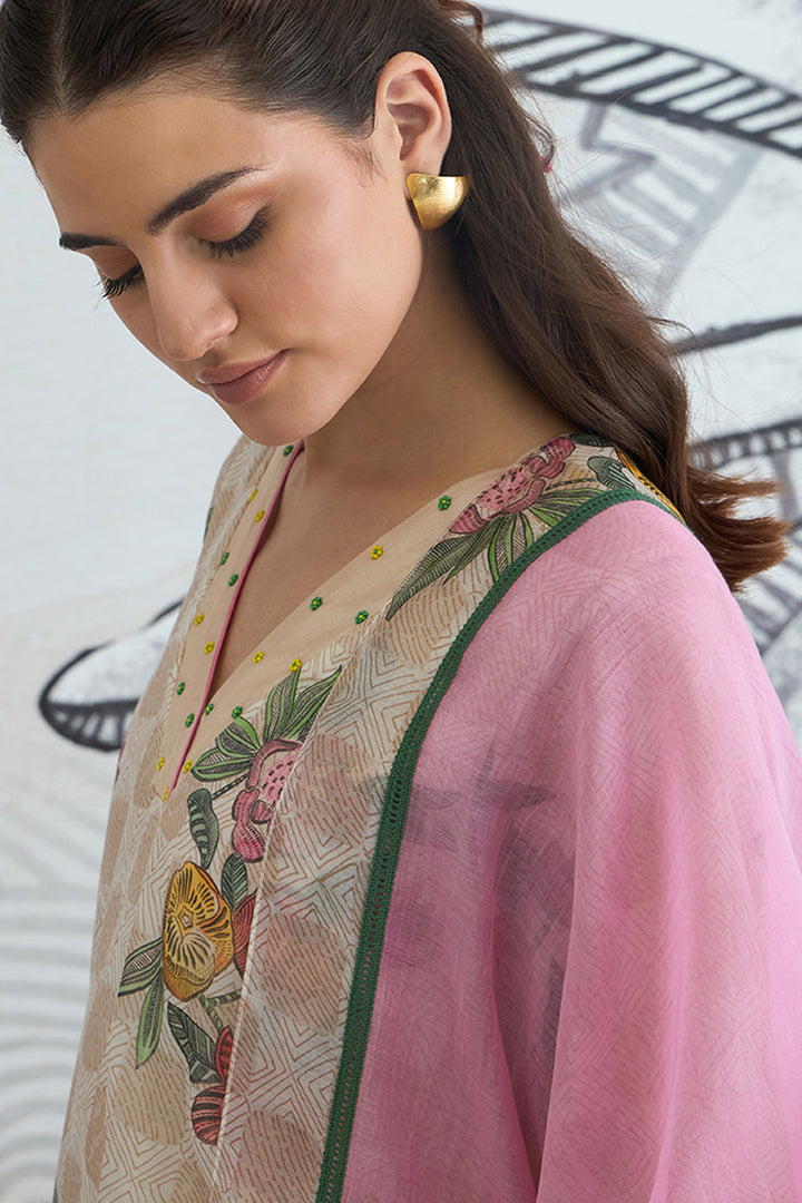 Beige Check Flower V-Neck Kurta Set
