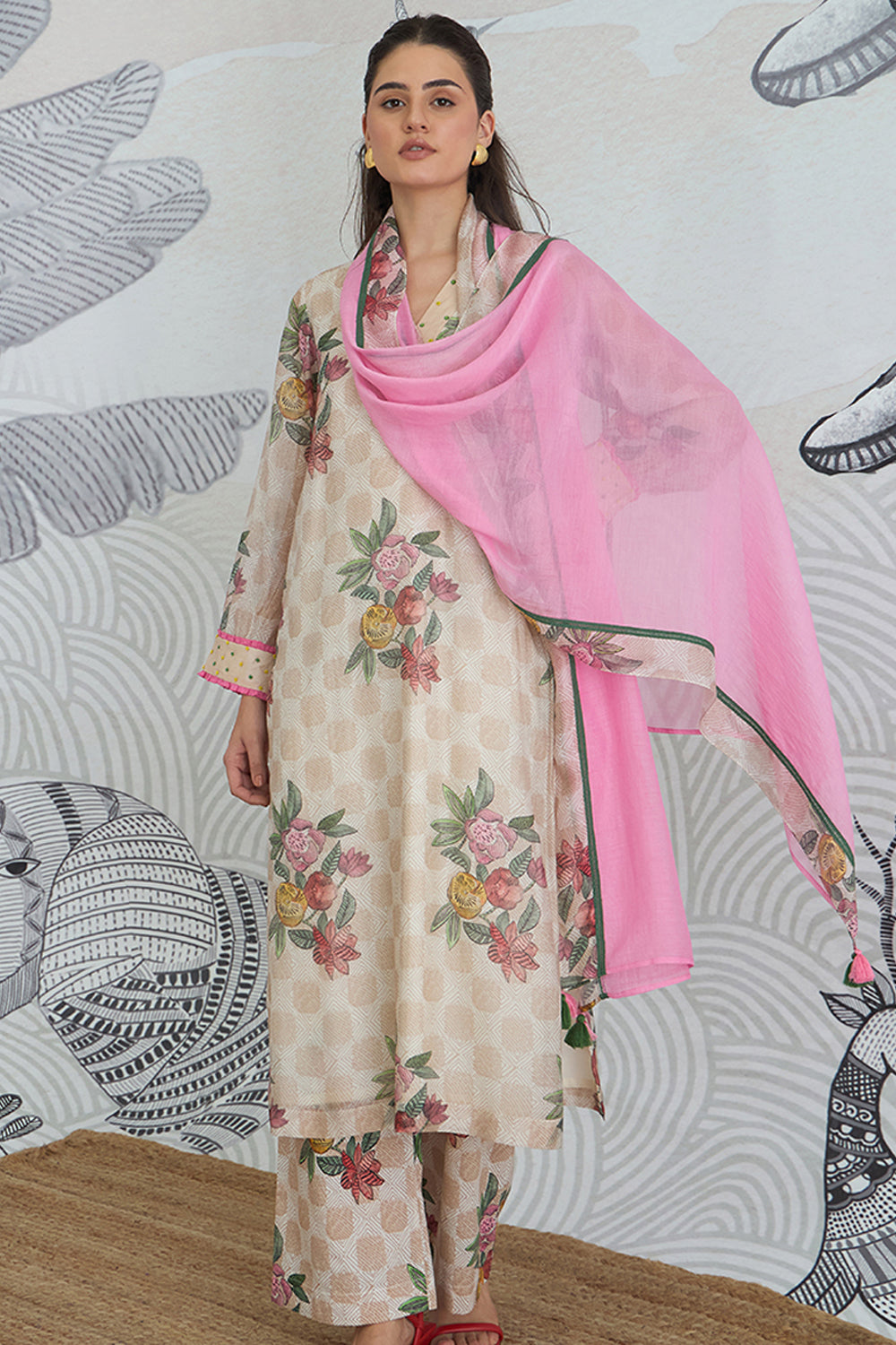 Beige Check Flower V-Neck Kurta Set