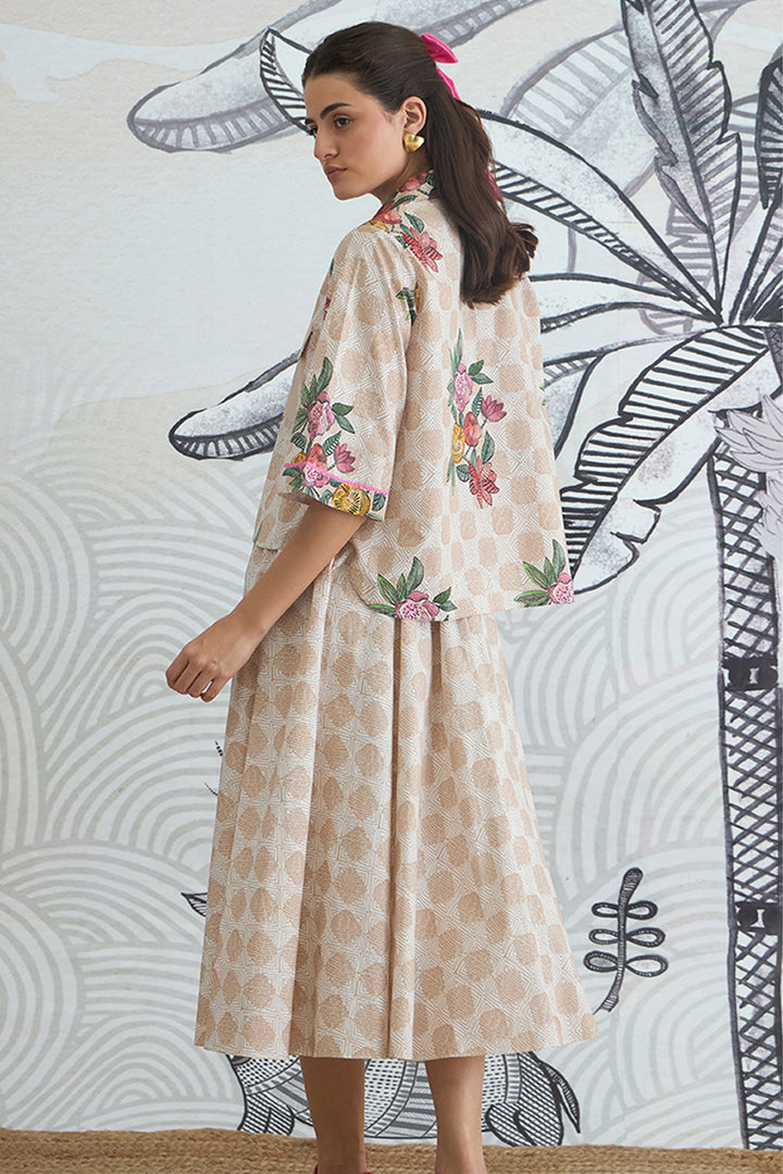Beige Check Flower Crop Shirt With Beige Check Skirt