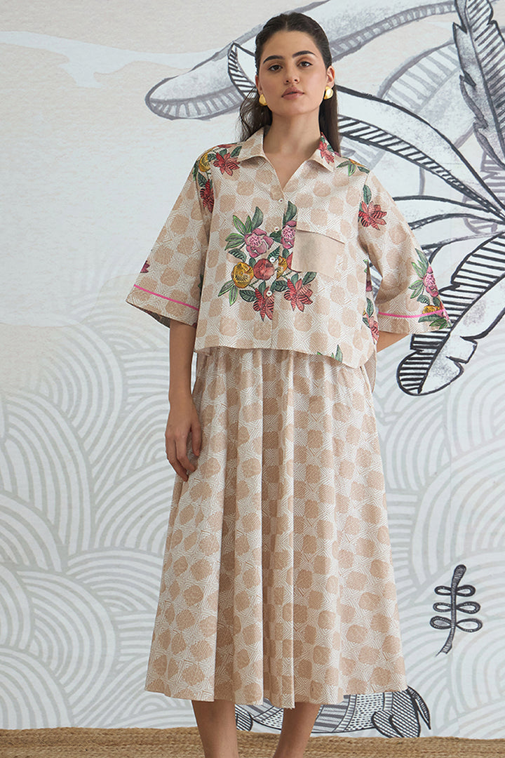 Beige Check Flower Crop Shirt With Beige Check Skirt