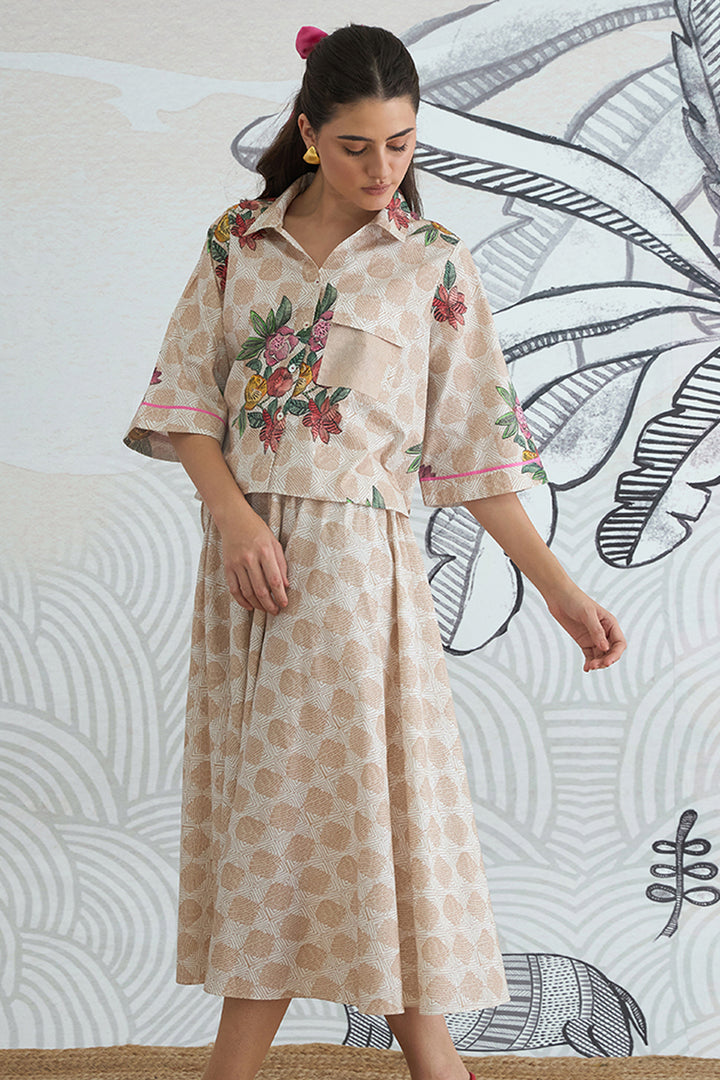 Beige Check Flower Crop Shirt With Beige Check Skirt