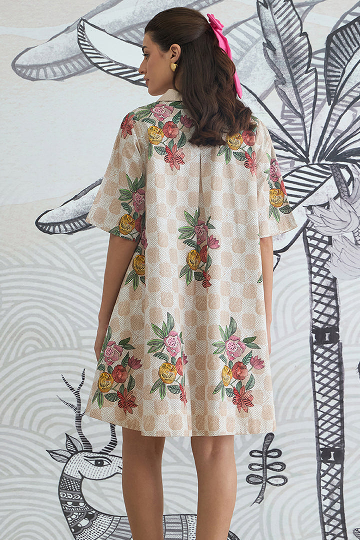 Beige Check Flower Box Pleat Dress