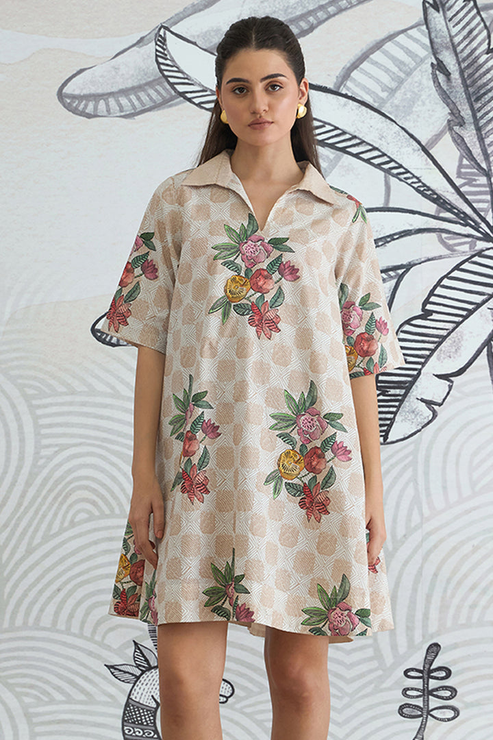Beige Check Flower Box Pleat Dress