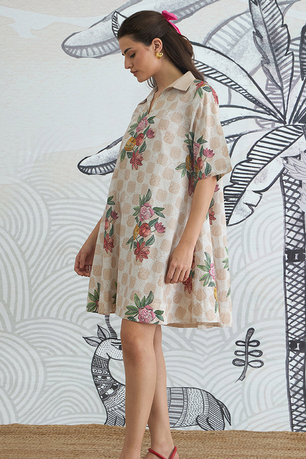 Beige Check Flower Box Pleat Dress
