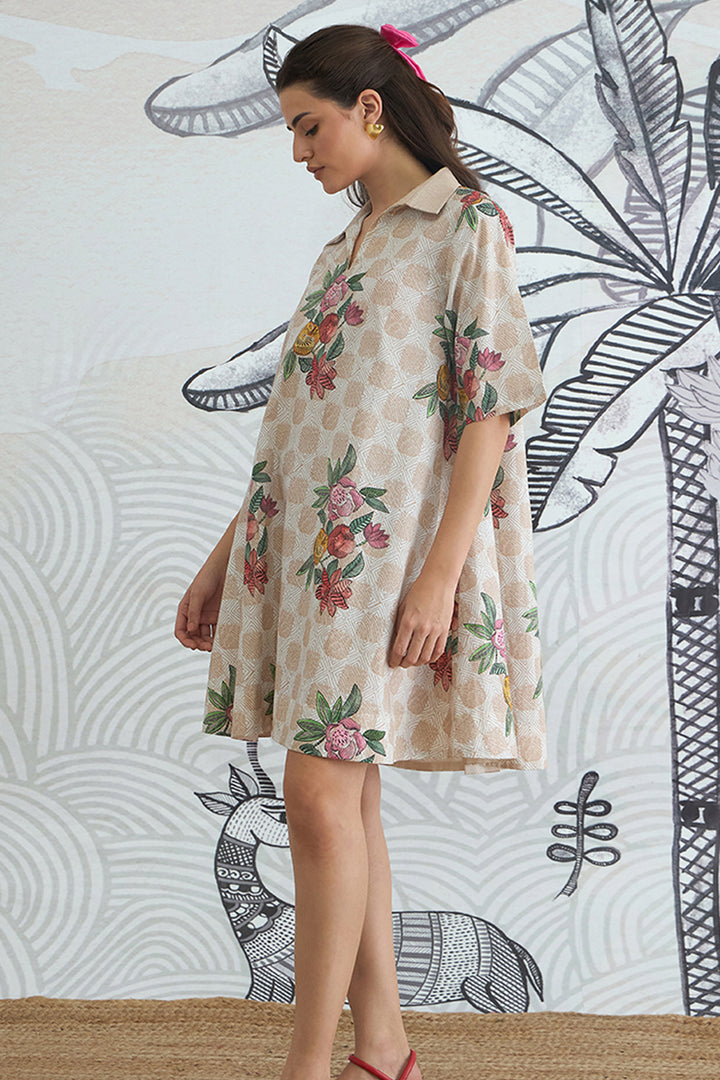 Beige Check Flower Box Pleat Dress