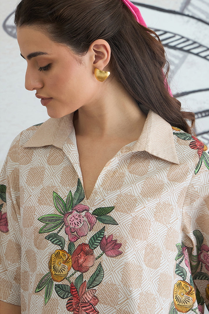 Beige Check Flower Box Pleat Dress