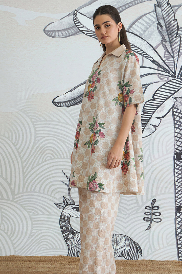 Beige Check Flower Box Pleat Dress With Pants