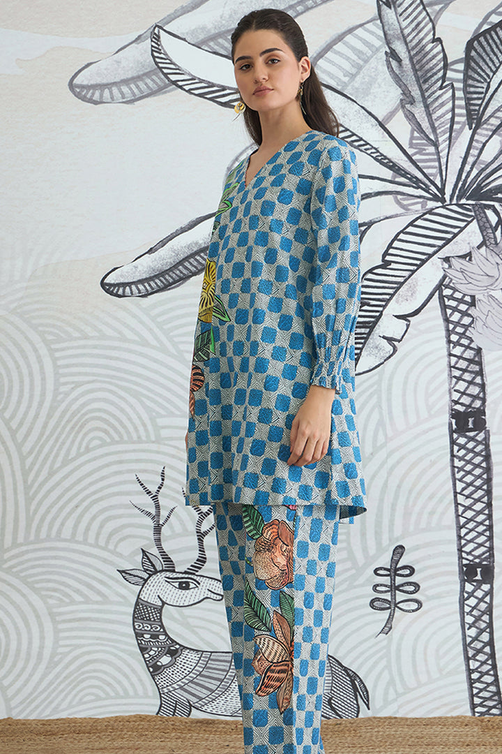Blue Check Flower Co-ord Set
