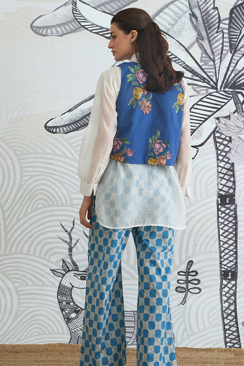 Blue Flower Waistcoat Jacket With White Shirt and Blue Check Pants