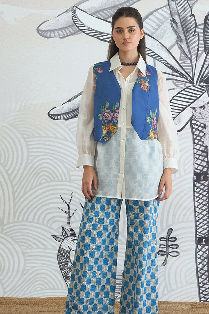 Blue Flower Waistcoat Jacket With White Shirt and Blue Check Pants