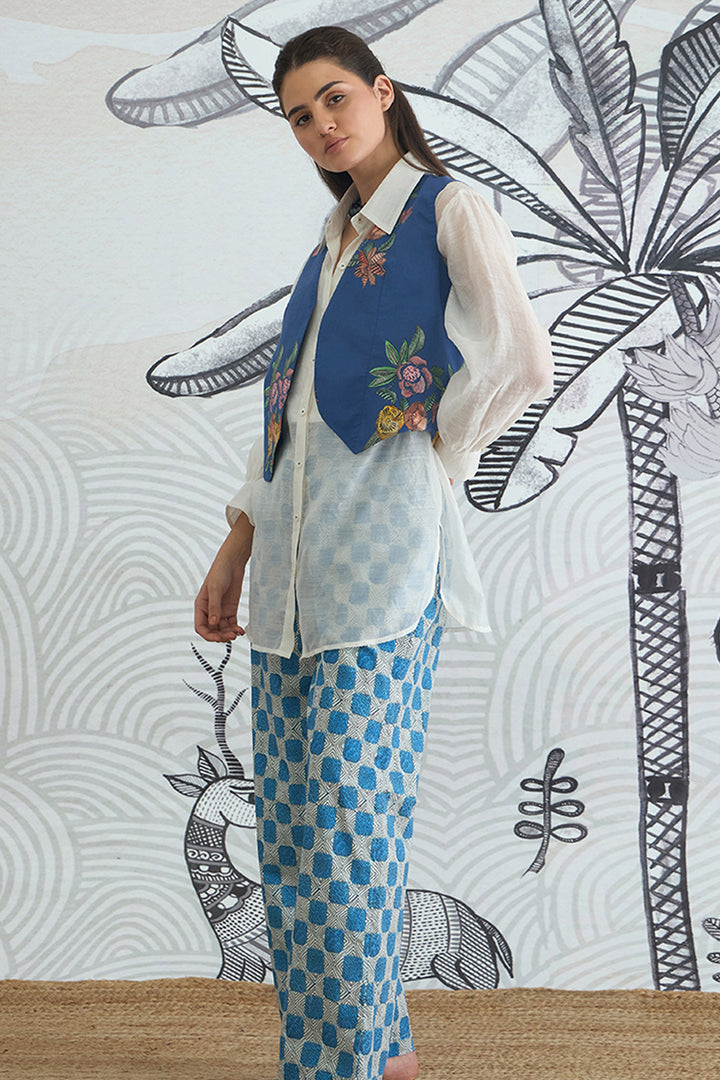 Blue Flower Waistcoat Jacket With White Shirt and Blue Check Pants