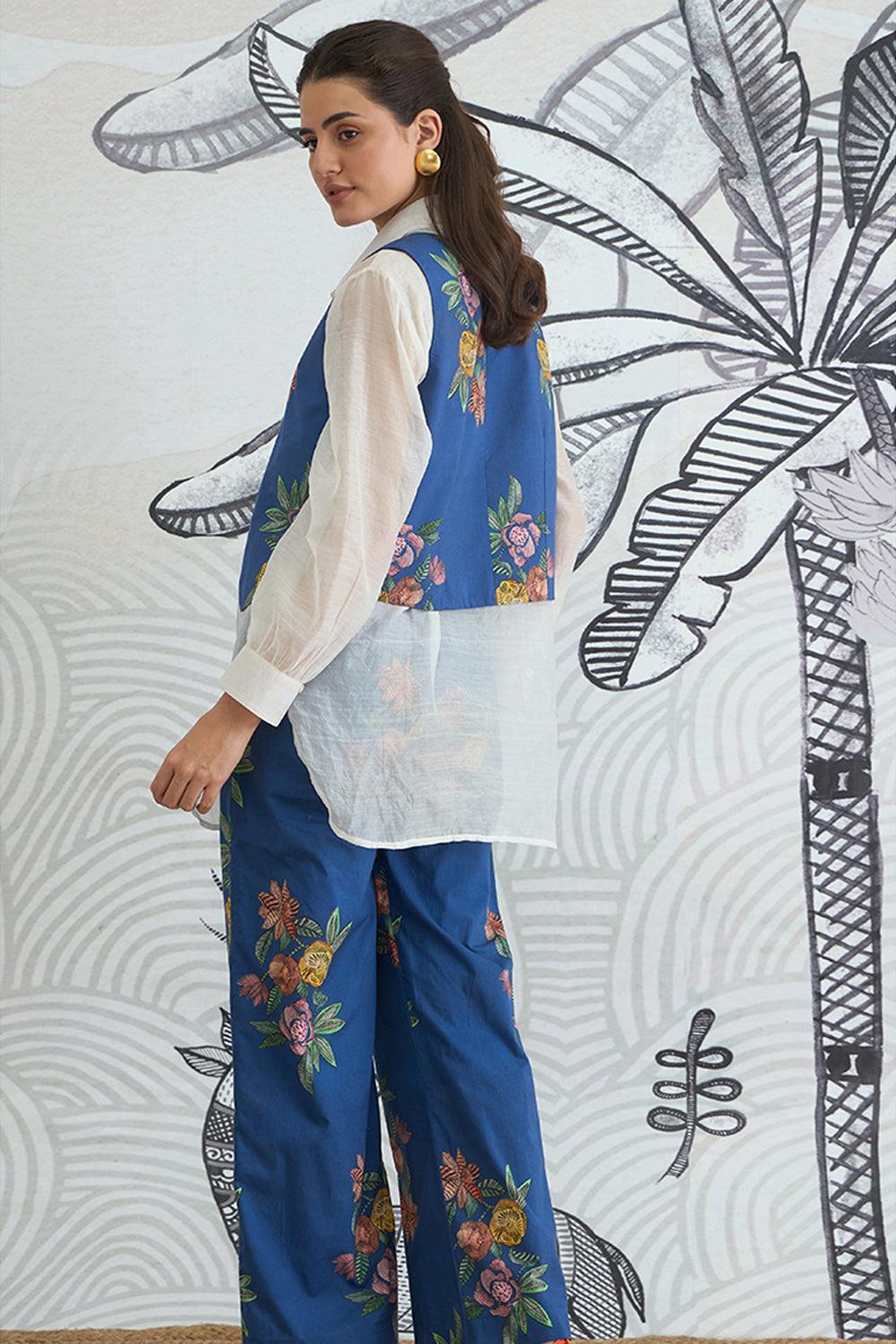 Blue Flower Waistcoat Jacket With White Shirt and Blue Flower Pants
