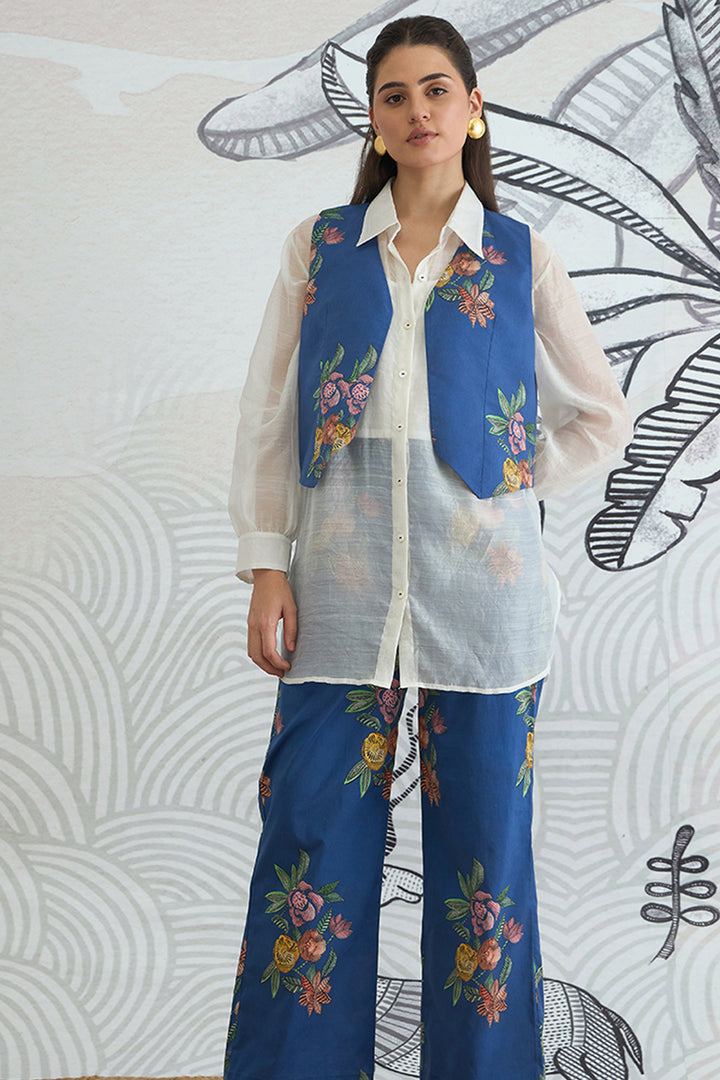 Blue Flower Waistcoat Jacket With White Shirt and Blue Flower Pants