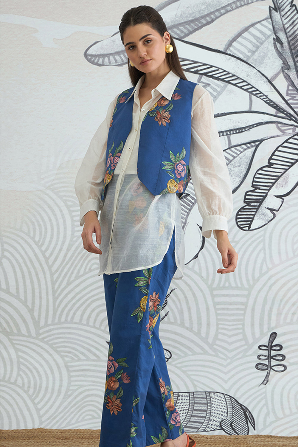 Blue Flower Waistcoat Jacket With White Shirt and Blue Flower Pants