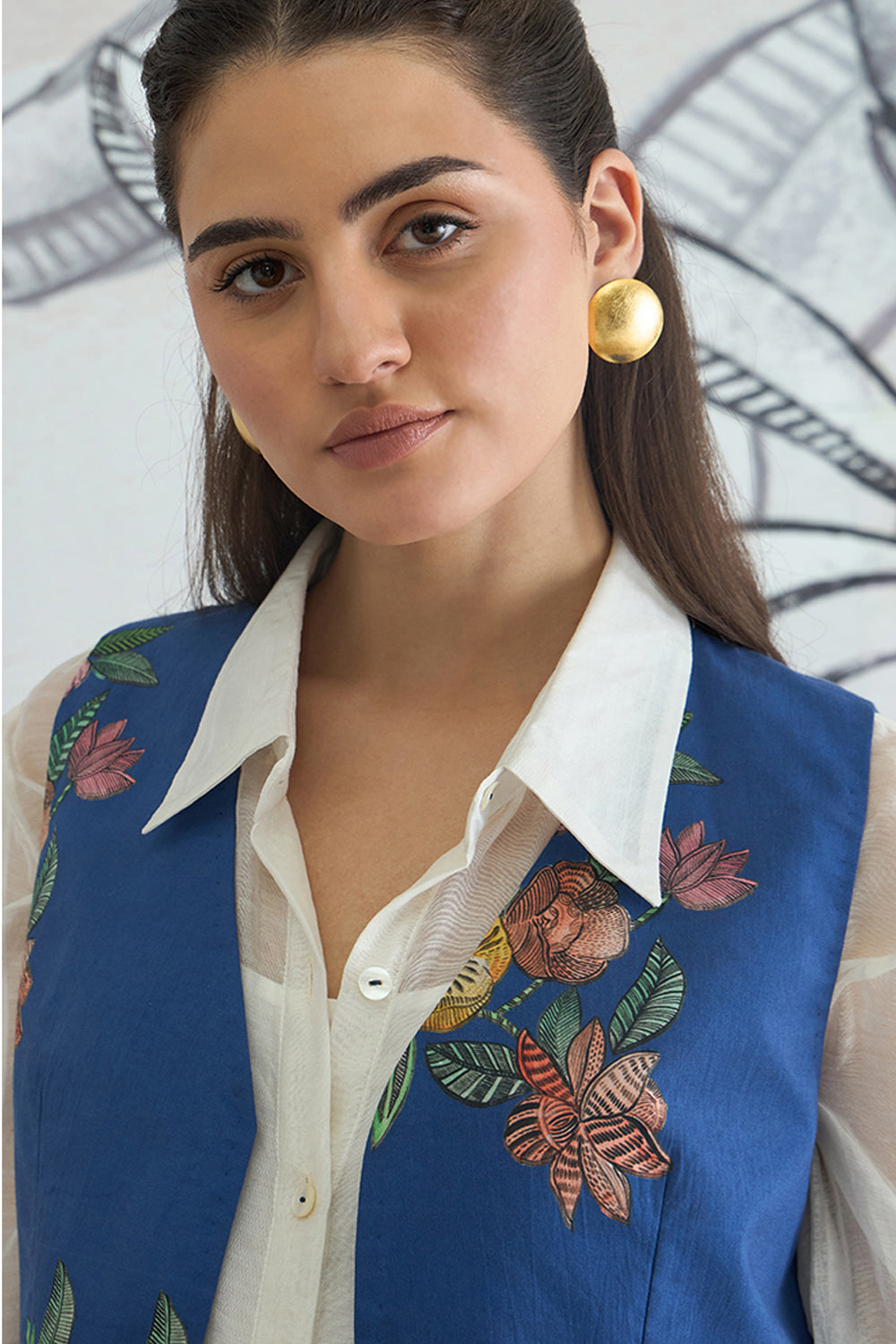 Blue Flower Waistcoat Jacket With White Shirt and Blue Flower Pants