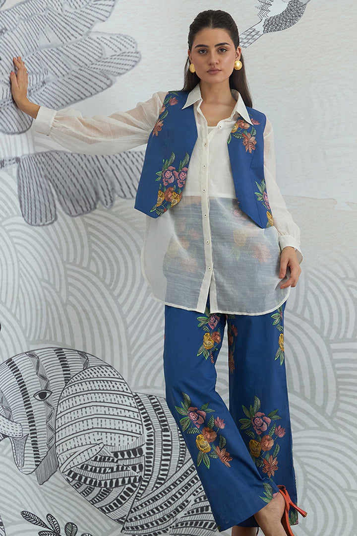 Blue Flower Waistcoat Jacket With White Shirt and Blue Flower Pants