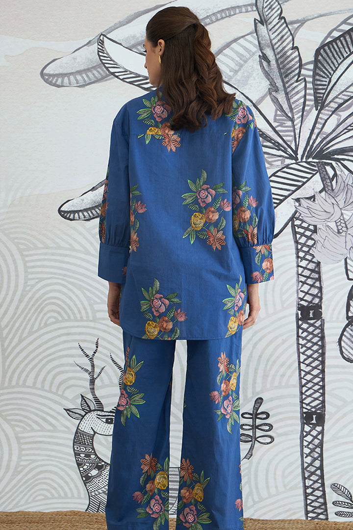 Blue Flower Big Collar Shirt With Blue Flower Pants