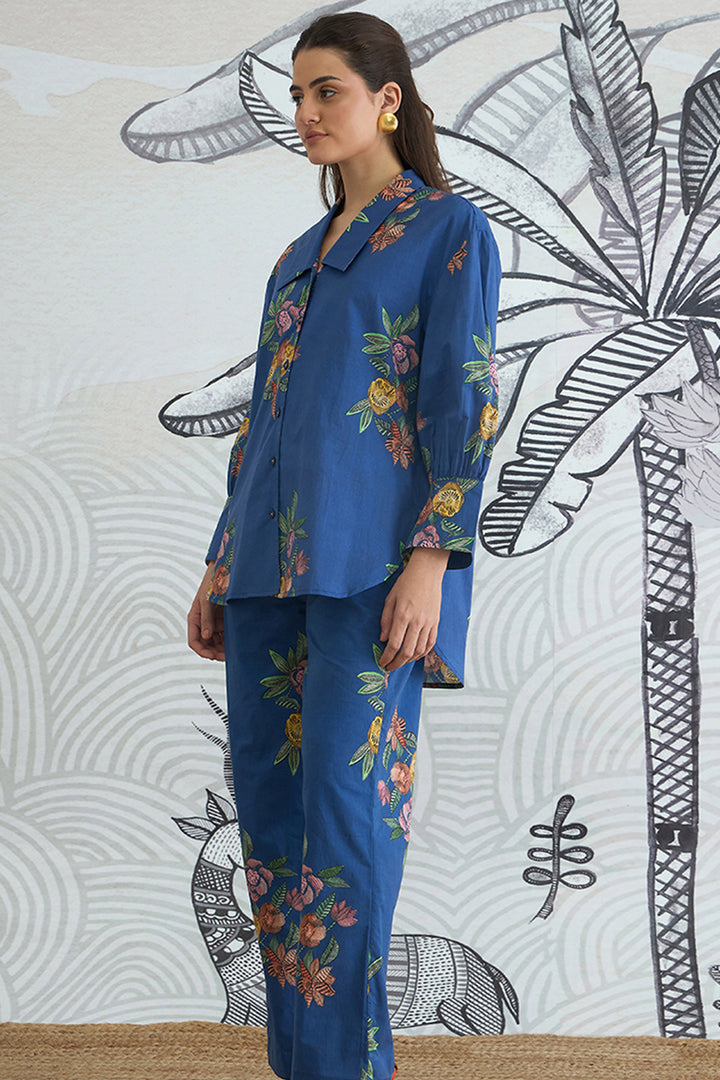Blue Flower Big Collar Shirt With Blue Flower Pants