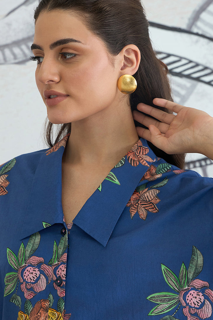 Blue Flower Big Collar Shirt With Blue Flower Pants