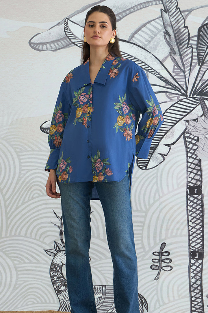 Blue Flower Big Collar Shirt