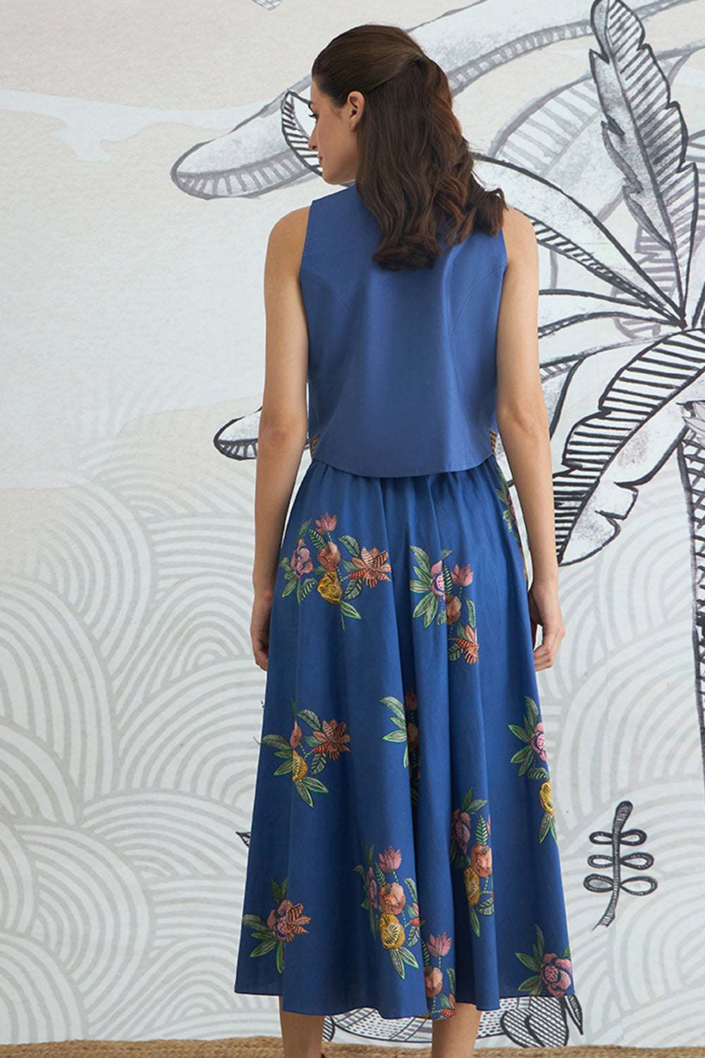 Blue Emb Waistcoat Top and Blue Flower Skirt