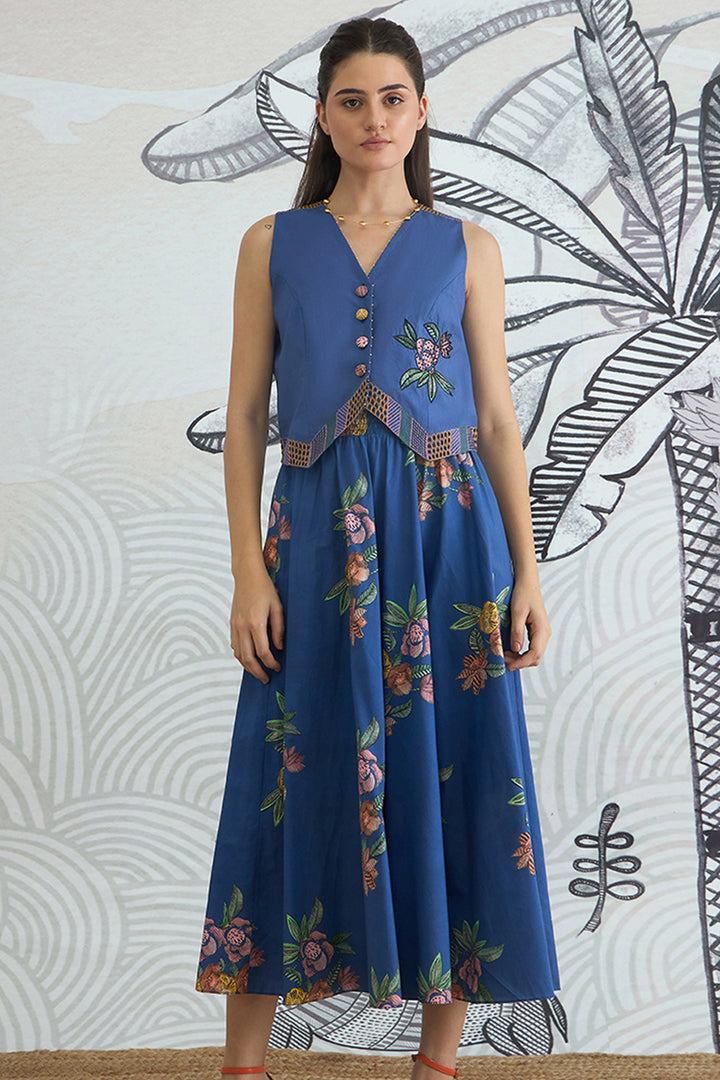 Blue Emb Waistcoat Top and Blue Flower Skirt