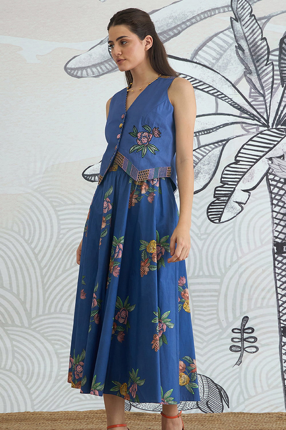 Blue Emb Waistcoat Top and Blue Flower Skirt