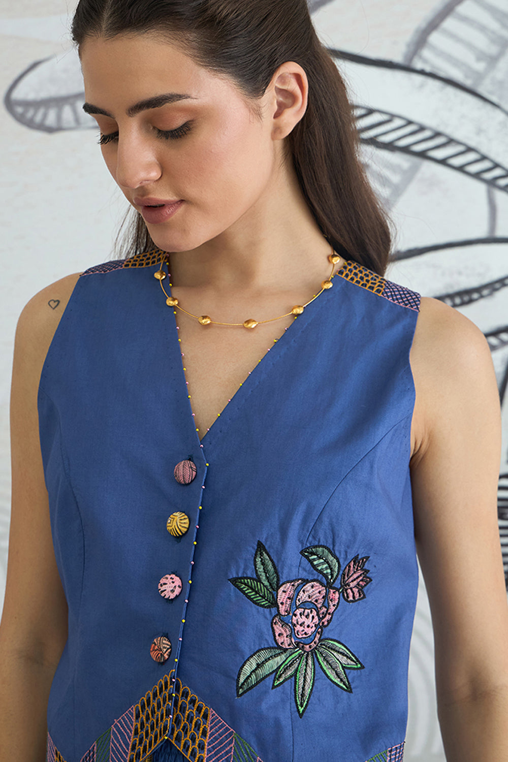 Blue Emb Waistcoat Top and Blue Flower Skirt