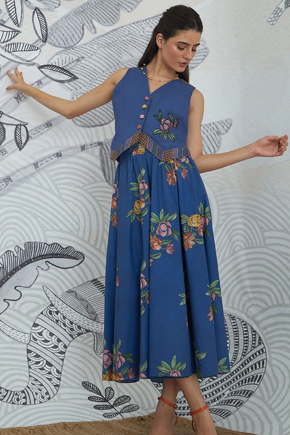 Blue Emb Waistcoat Top and Blue Flower Skirt