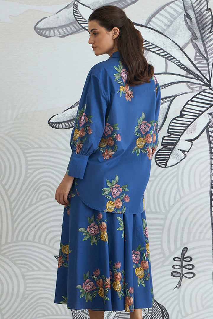 Blue Flower Big Collar Shirt With Blue Flower Skirt