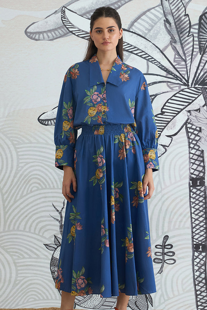 Blue Flower Big Collar Shirt With Blue Flower Skirt
