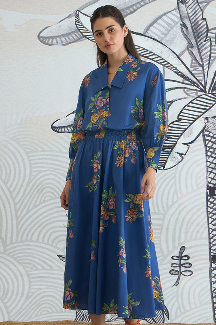 Blue Flower Big Collar Shirt With Blue Flower Skirt