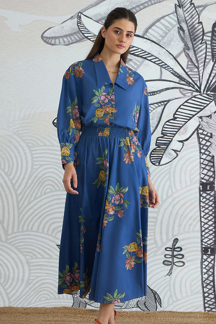 Blue Flower Big Collar Shirt With Blue Flower Skirt