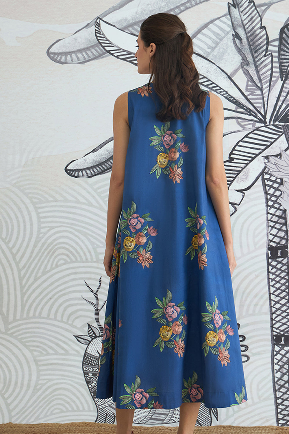 Blue Flower V-Neck Long Dress