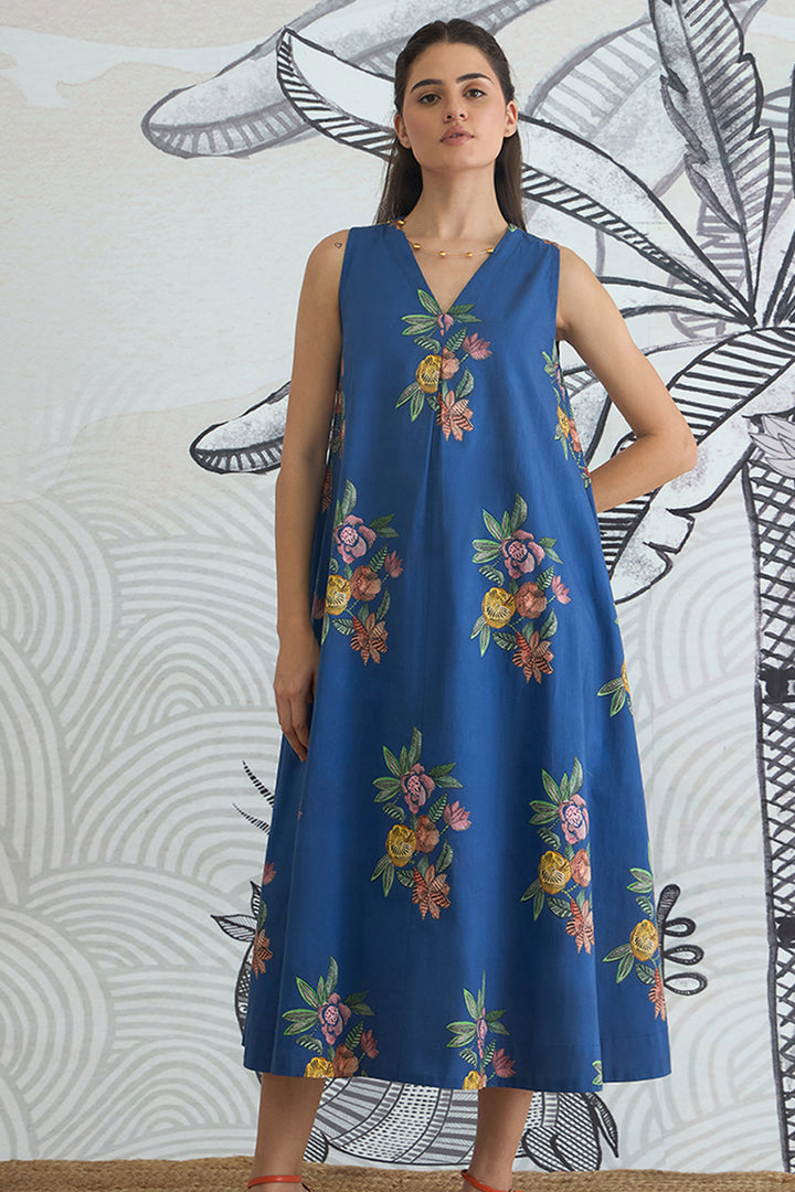 Blue Flower V-Neck Long Dress