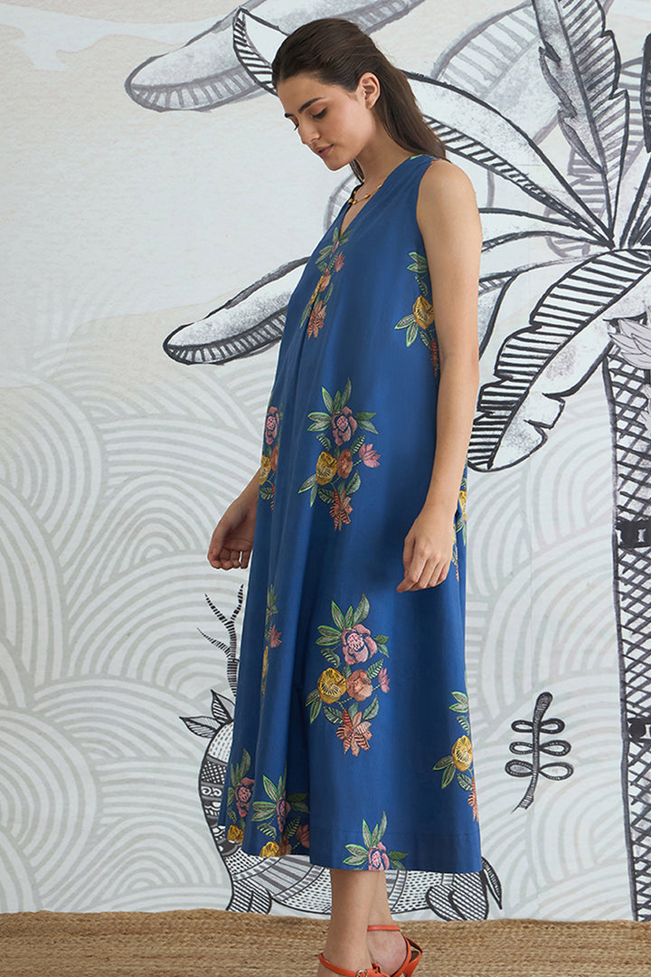 Blue Flower V-Neck Long Dress