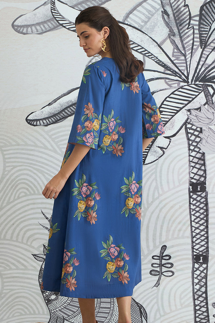 Blue Flower V-Neck Long Dress With Sleeves