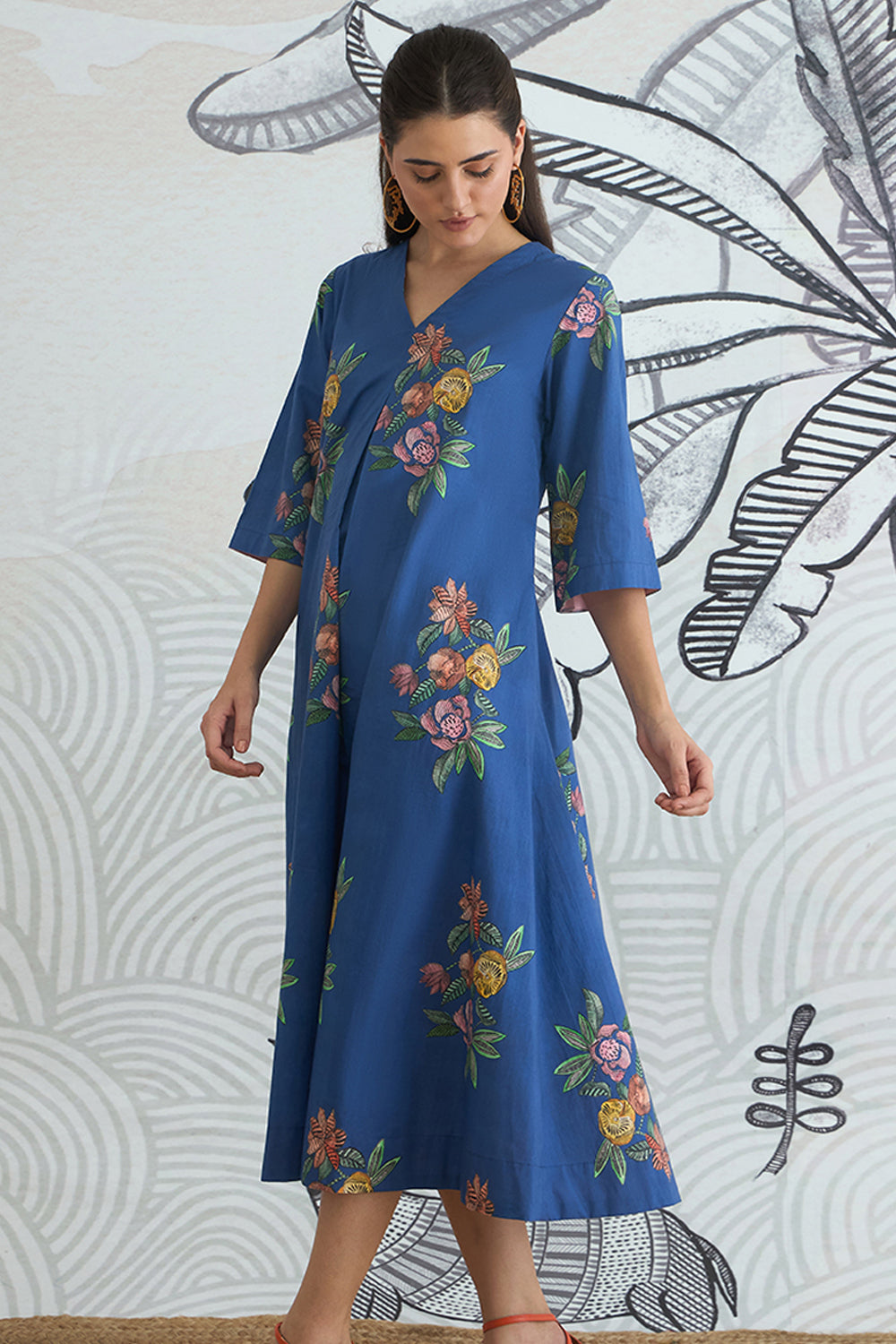 Blue Flower V-Neck Long Dress With Sleeves