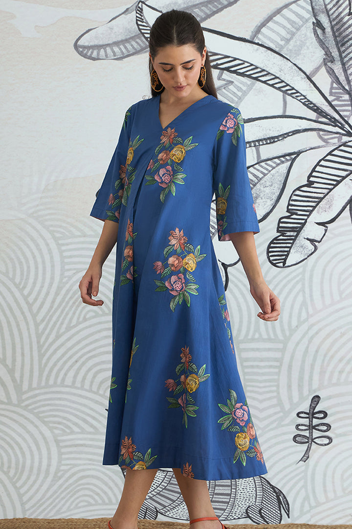 Blue Flower V-Neck Long Dress With Sleeves