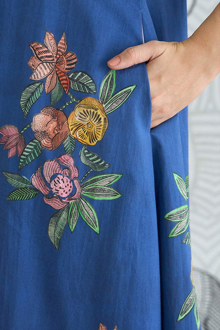 Blue Flower V-Neck Long Dress With Sleeves