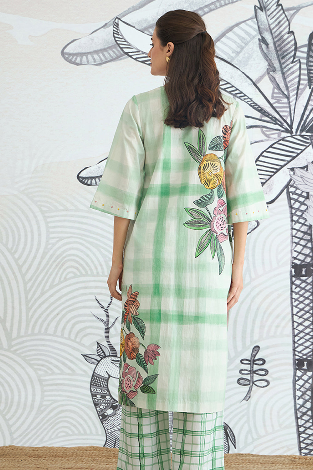 Green Check Flower Placement Kurta With Green Check Pants