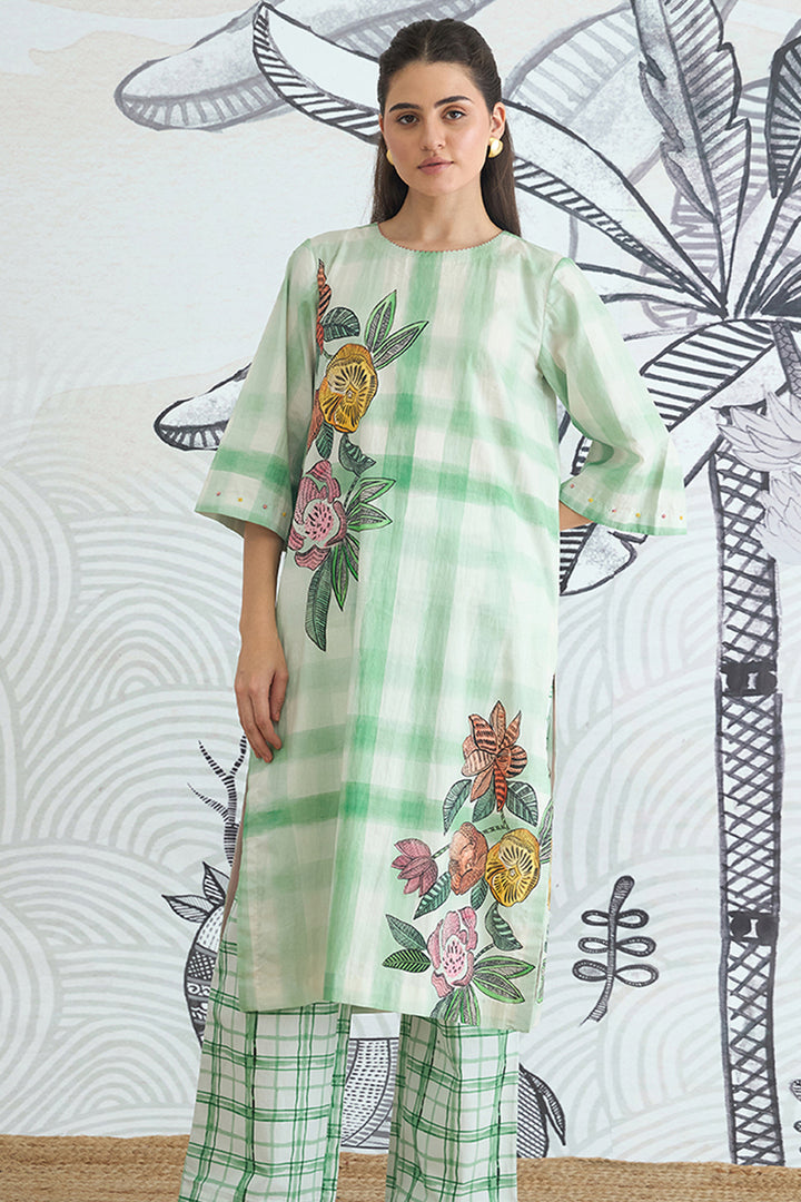 Green Check Flower Placement Kurta With Green Check Pants