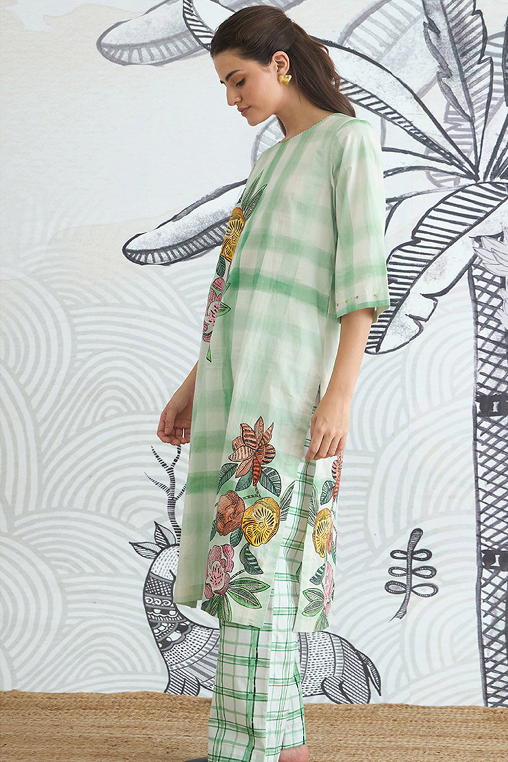 Green Check Flower Placement Kurta With Green Check Pants