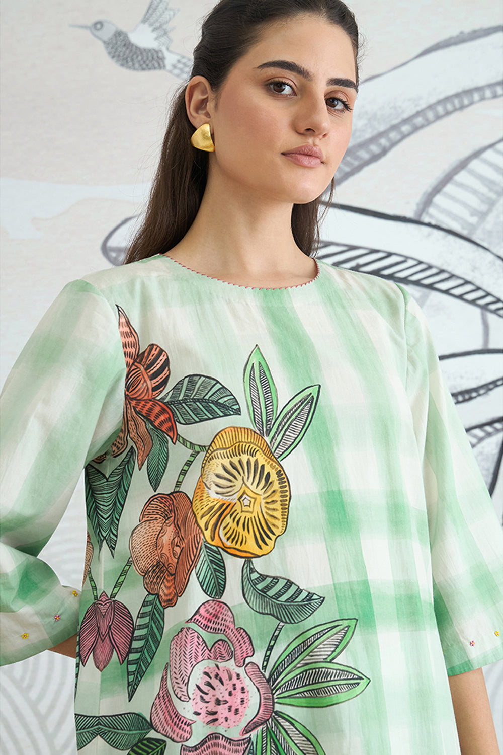 Green Check Flower Placement Kurta With Green Check Pants